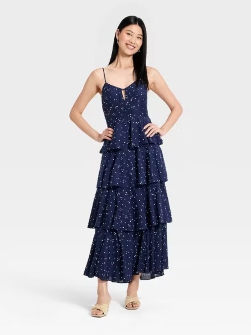 Women's Navy Blue Tiered Ruffle Maxi Dress Spaghetti Strap Flowy Boho Size S